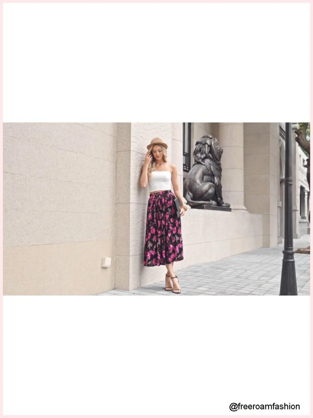 Casual Floral Pleated Midi Skirt with Pockets Flowy A-Line